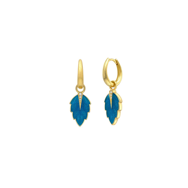 18k yellow gold blue enamel shiso leaf charm removable Victoria reem mini hoop earrings by Venyx Tiny Gods