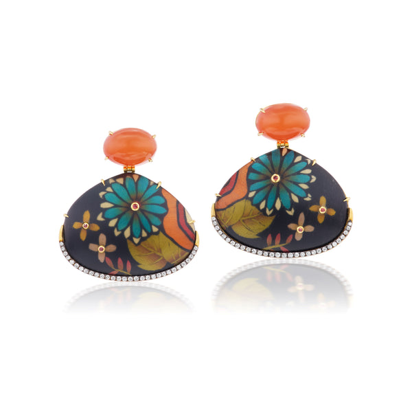 18k yellow gold blue flower marquetry earrings with diamonds and carnelian by Silvia Furmanovich Tiny Gods