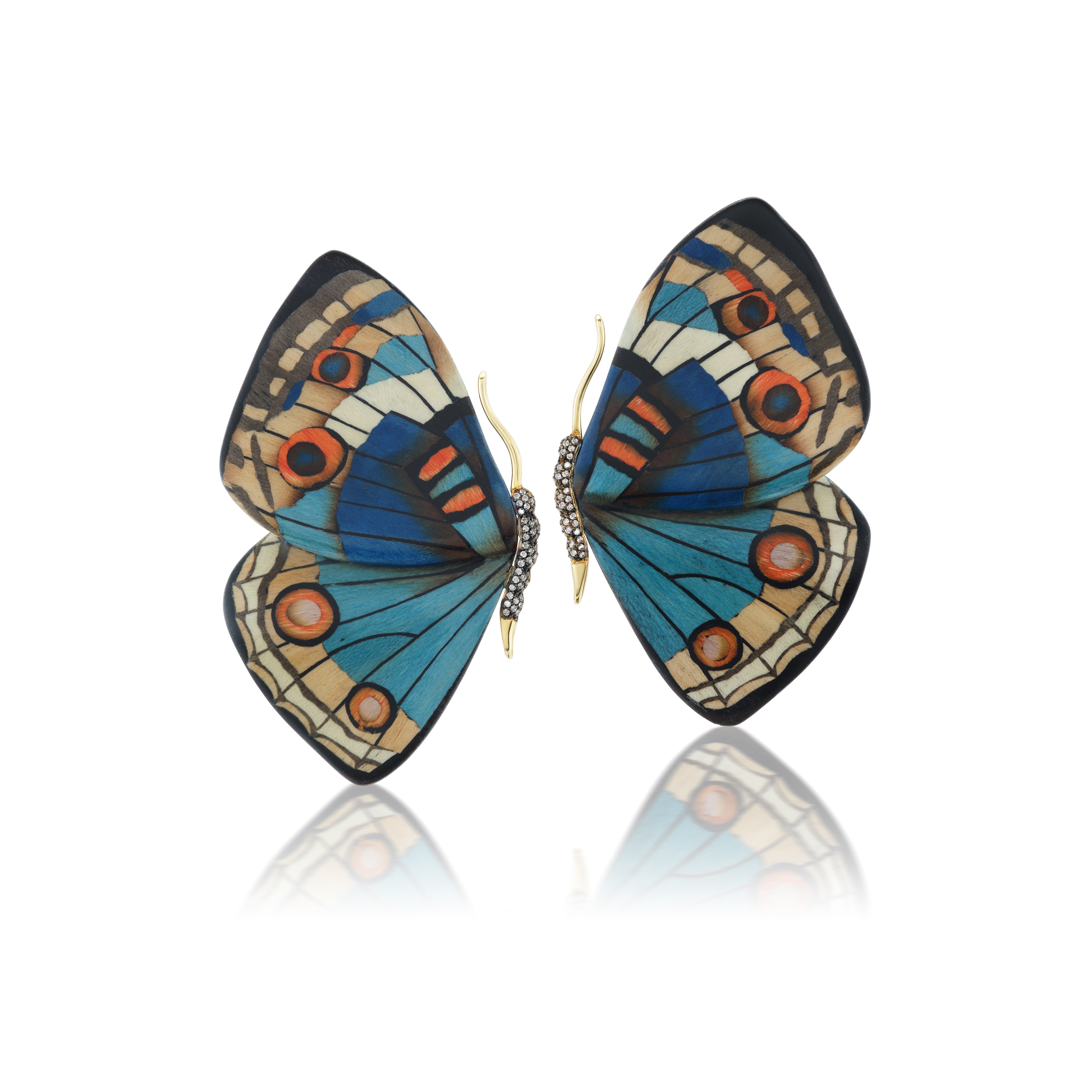 18k yellow gold diamond Blue Butterfly Marquetry Earrings by Silvia Furmanovich