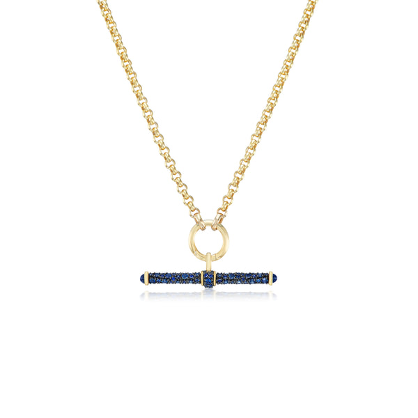 14k yellow gold blue sapphire and black rhodium t bar pendant by Lucy Delius Tiny Gods