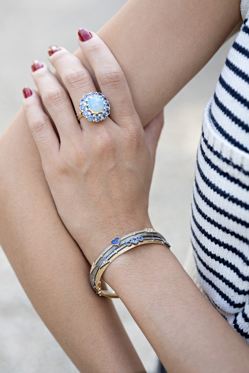 Yellow gold diamond and blue sapphire arrow bracelet by Arman Sarkisyan Tiny Gods