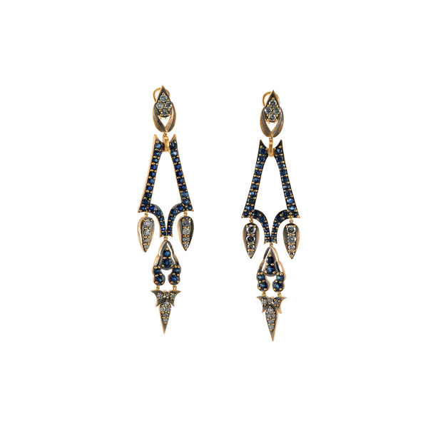 18k yellow gold blue sapphire and grey diamond chandelier earrings by Sylva & Cie Tiny Gods