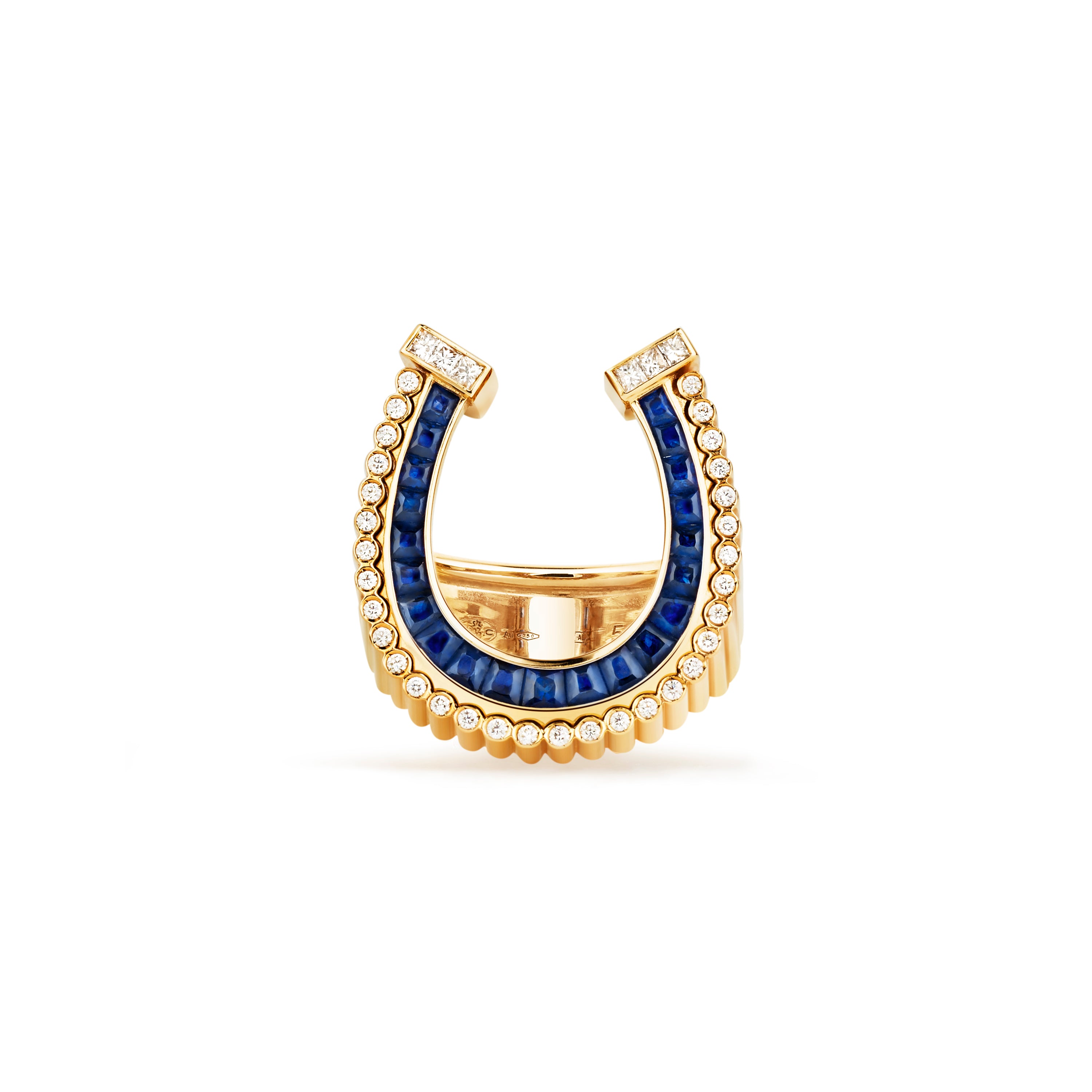 18k yellow gold blue sapphire and diamond horseshoe ring by MARIE LICHTENBERG Tiny Gods