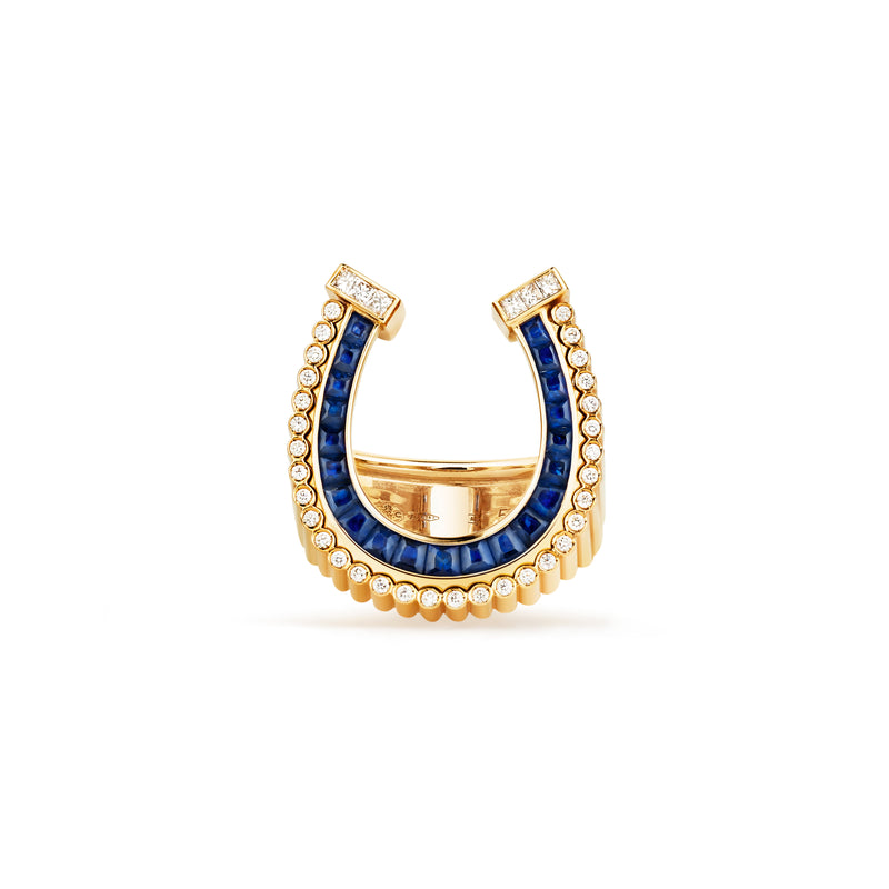 18k yellow gold blue sapphire and diamond horseshoe ring by MARIE LICHTENBERG Tiny Gods