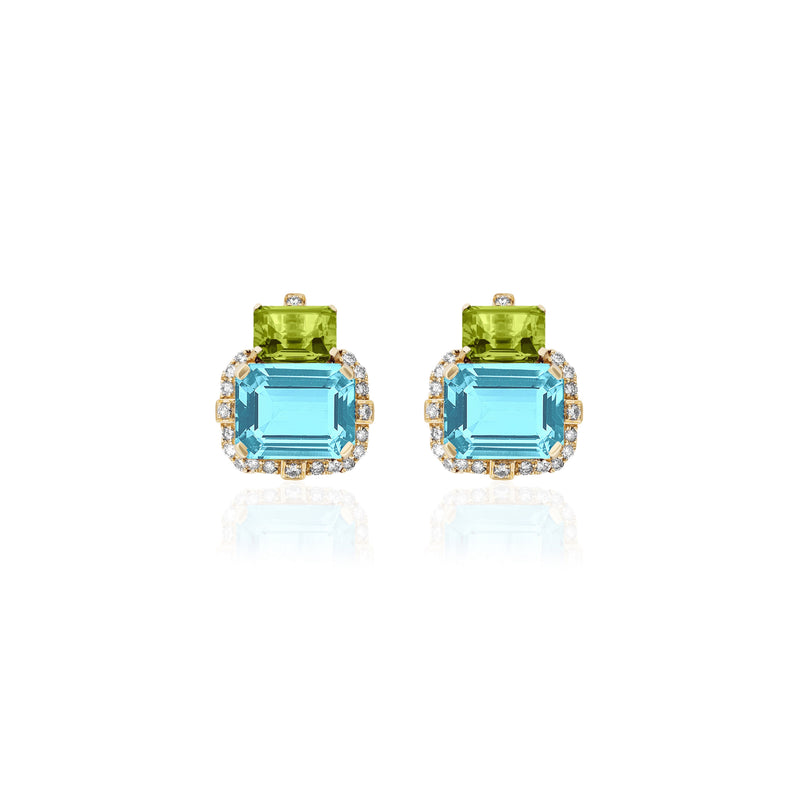 18k yellow gold two stone blue topaz and peridot earrings with diamonds by Goshwara Tiny Gods