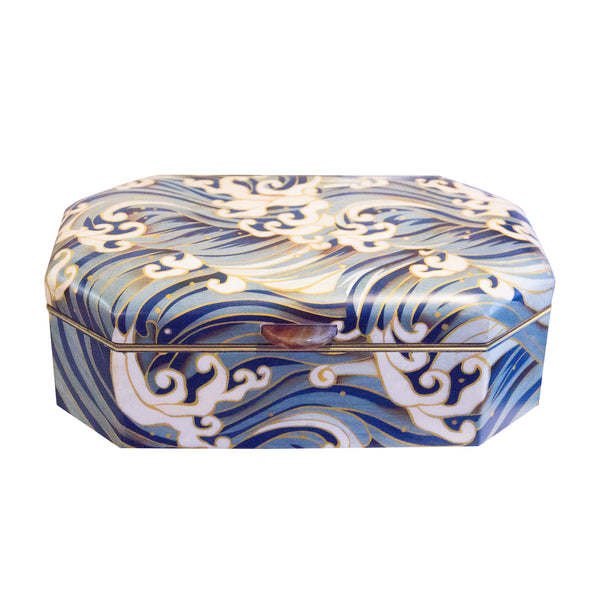 Blue wave pattern marquetry jewelry box by Silvia Furmanovich Tiny Gods