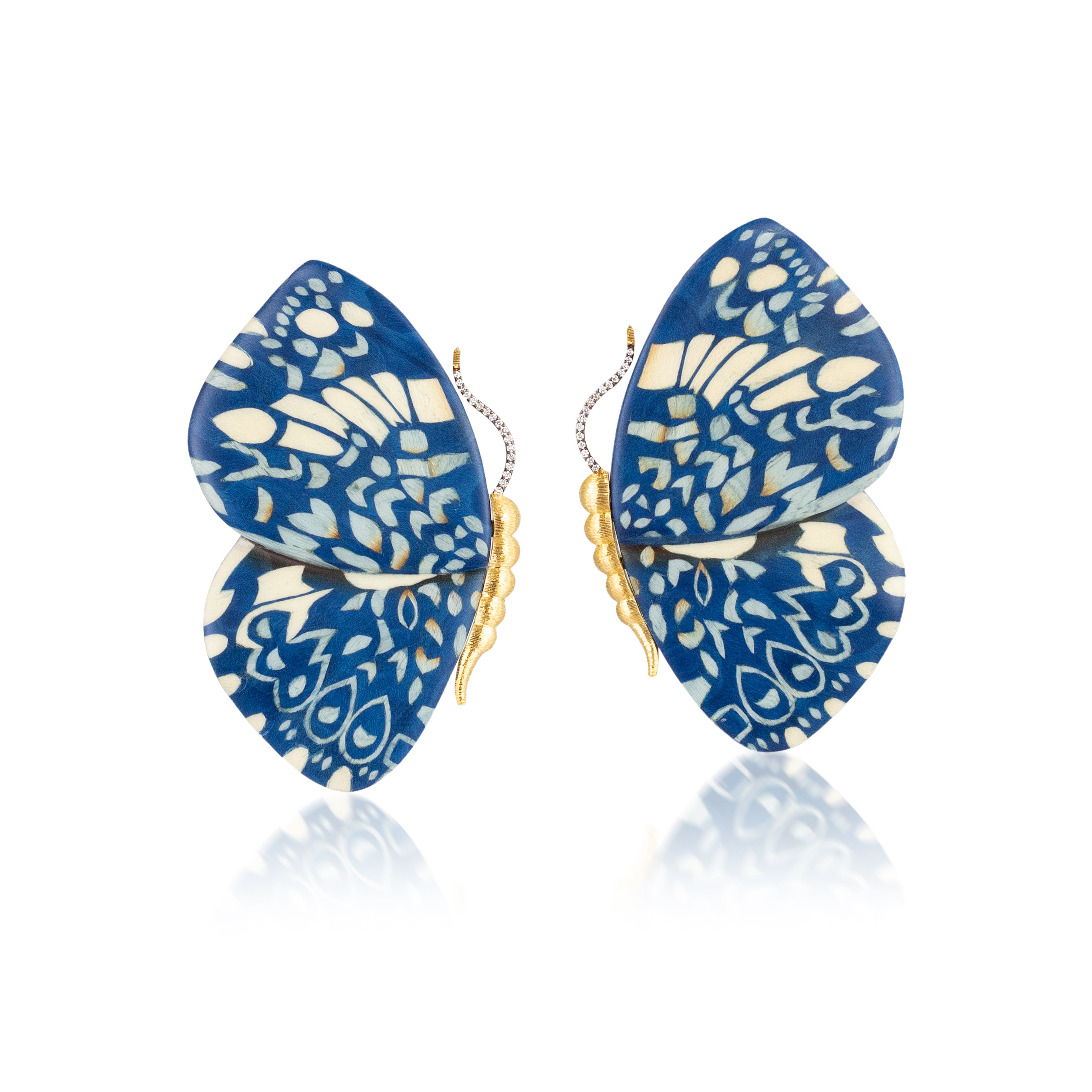 Blue & White Butterfly Marquetry Earrings by Silvia Furmanovich Large Scale at Tiny Gods yellow gold and diamond 
