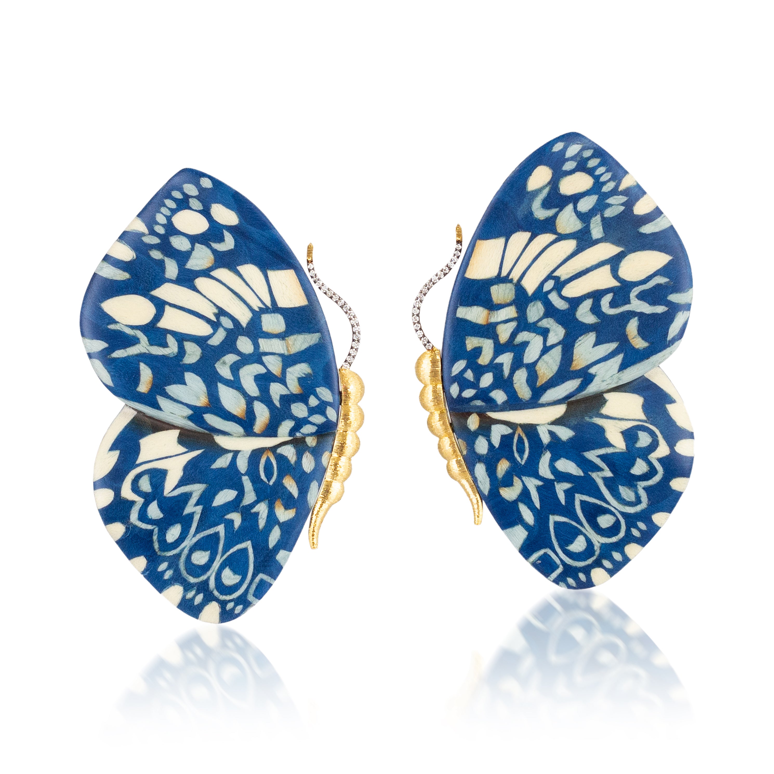 Blue & White Butterfly Marquetry Earrings by Silvia Furmanovich Large Scale at Tiny Gods yellow gold and diamond 