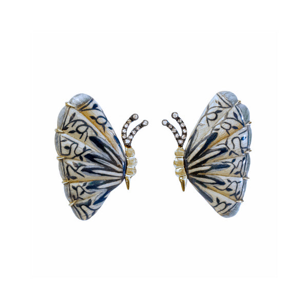 18k yellow gold petite blue and white butterfly marquetry earrings by Silvia Furmanovich Tiny Gods