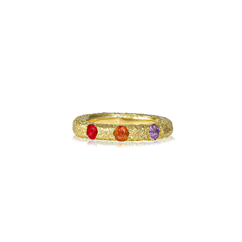 14k yellow gold hammered booka IX band ring with ruby and sapphires by Rene Barnes Tiny Gods