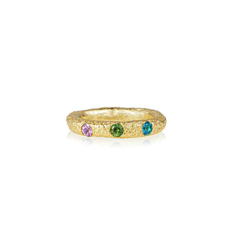 14k yellow gold booka V band ring by rene barnes London blue topaz and green and pink sapphire Tiny Gods