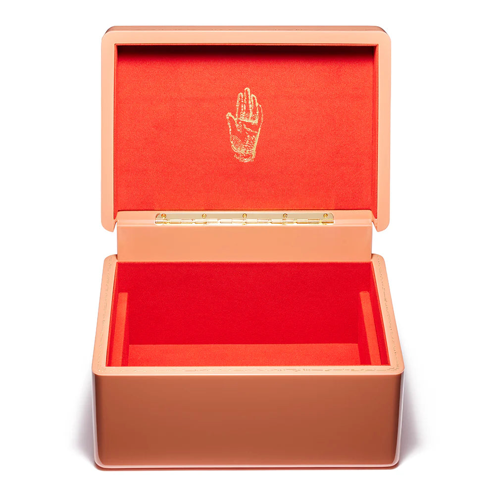 Brass blush pink lacquer jewelry trunk box holder by Trove Tiny Gods 