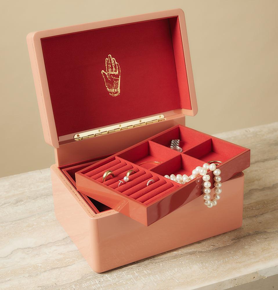 Brass blush pink lacquer jewelry trunk box holder by Trove Tiny Gods 