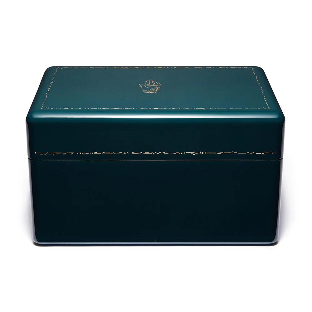 Midnight Navy blue large jewelry holder trunk with three levels and brass details by Trove Tiny Gods 
