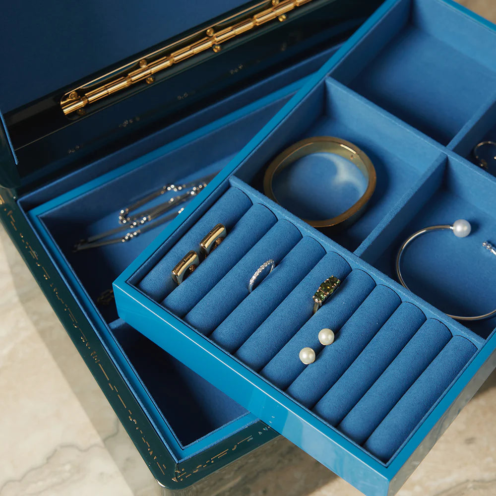 Midnight Navy blue large jewelry holder trunk with three levels and brass details by Trove Tiny Gods 