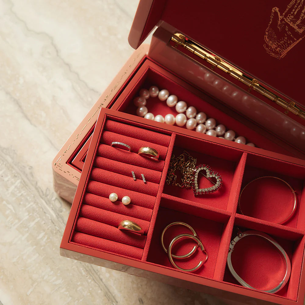 Brass mini blush pink lacquer jewelry box trunk holder for necklaces bracelets rings by Trove Tiny Gods 