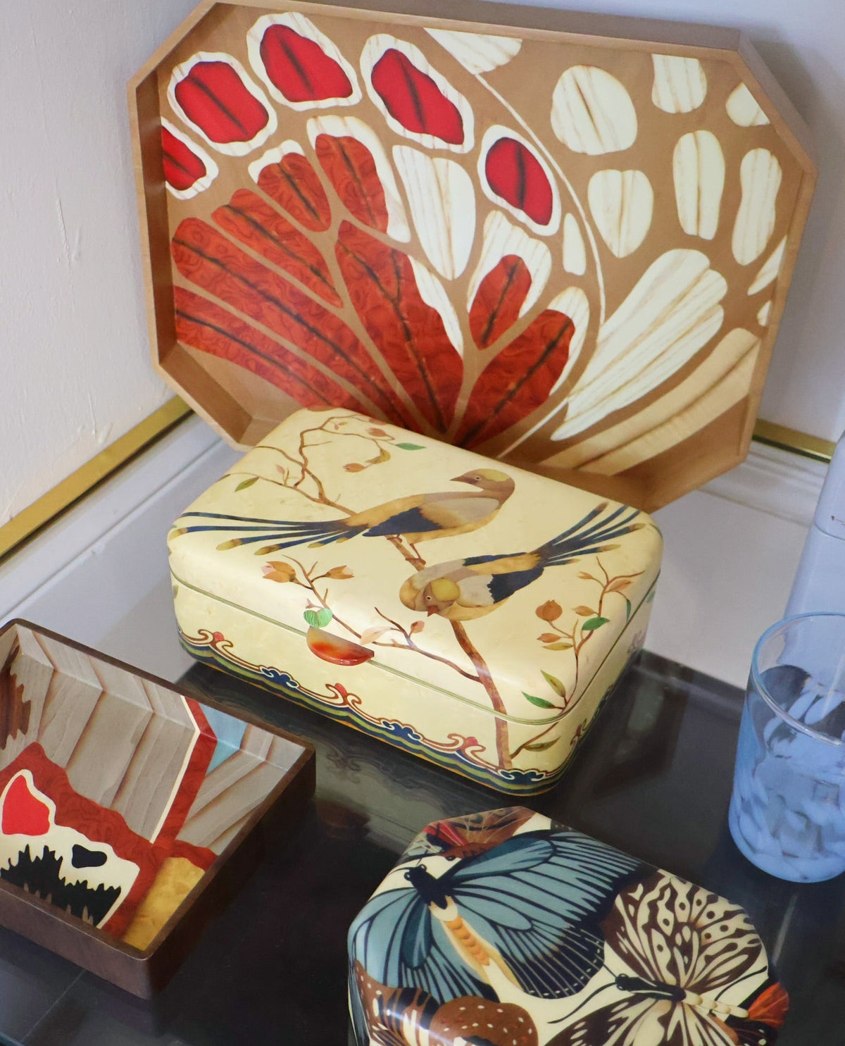 brown and red white butterfly wing marquetry pattern octagonal decorative decor tray by Silvia Furmanovich Tiny Gods 