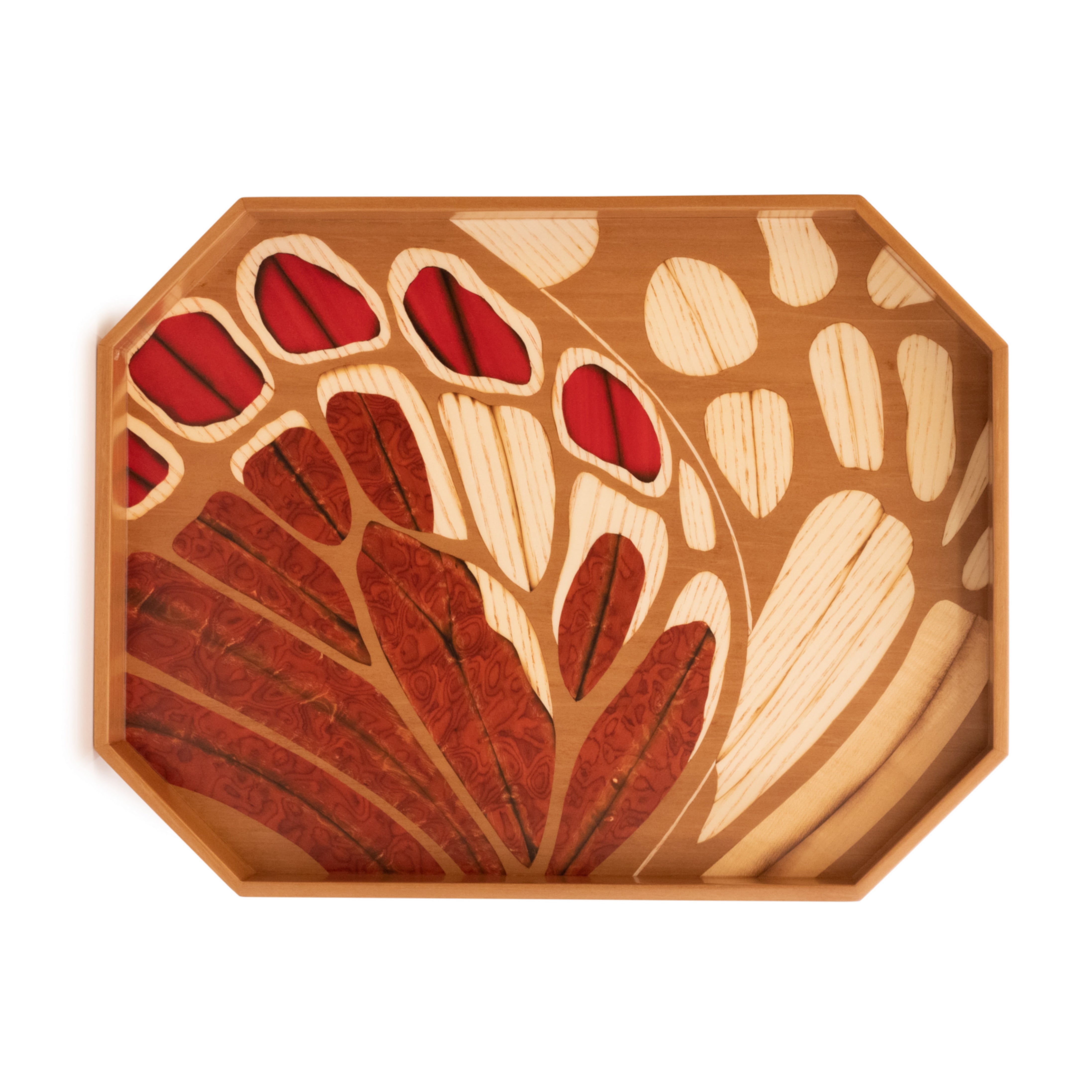 brown and red white butterfly wing marquetry pattern octagonal decorative decor tray by Silvia Furmanovich Tiny Gods 