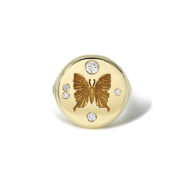 14k yellow gold butterfly fantasy signet ring with diamonds by Retrouvai Tiny Gods