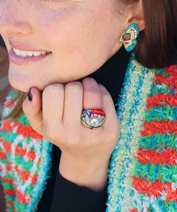 18k yellow gold blue topaz and diamond butterfly wing marquetry dome ring by Silvia Furmanovich Tiny Gods