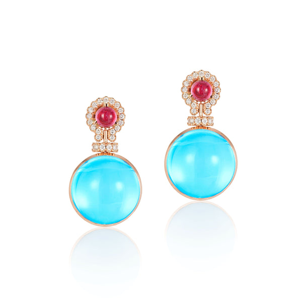 18k yellow gold cabochon blue topaz, rubellite and diamond earrings by Goshwara Tiny Gods