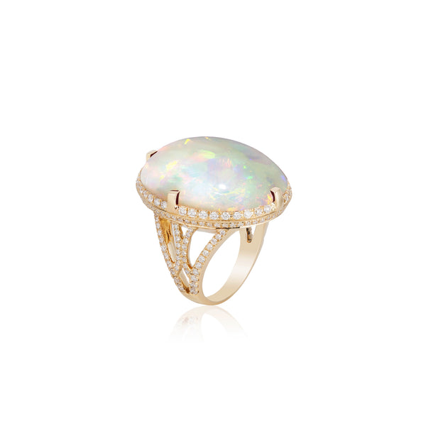 18k yellow gold cabochon opal and diamond ring by Goshwara Tiny Gods