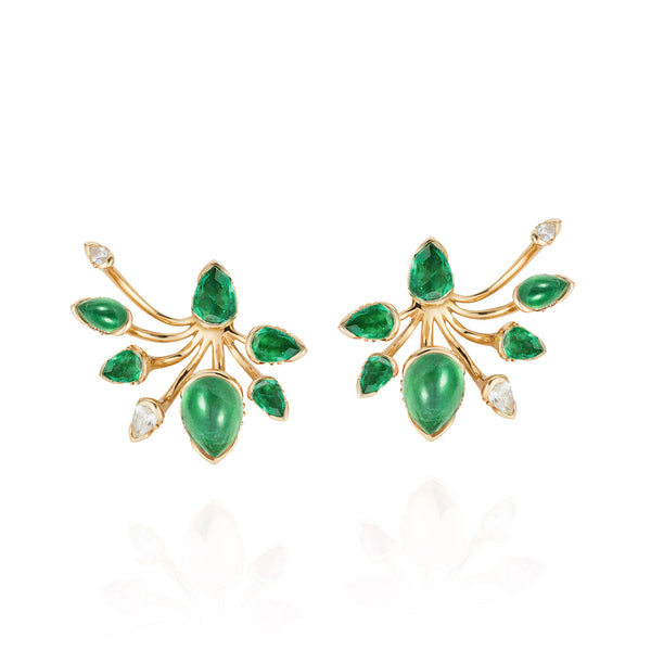 18k yellow gold calyx earrings with emeralds and diamonds by Fernando Jorge Tiny Gods