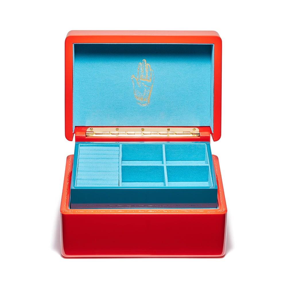 Brass mini trove trunk jewelry box with candy apple red and teal aqua blue interior  Tiny Gods 