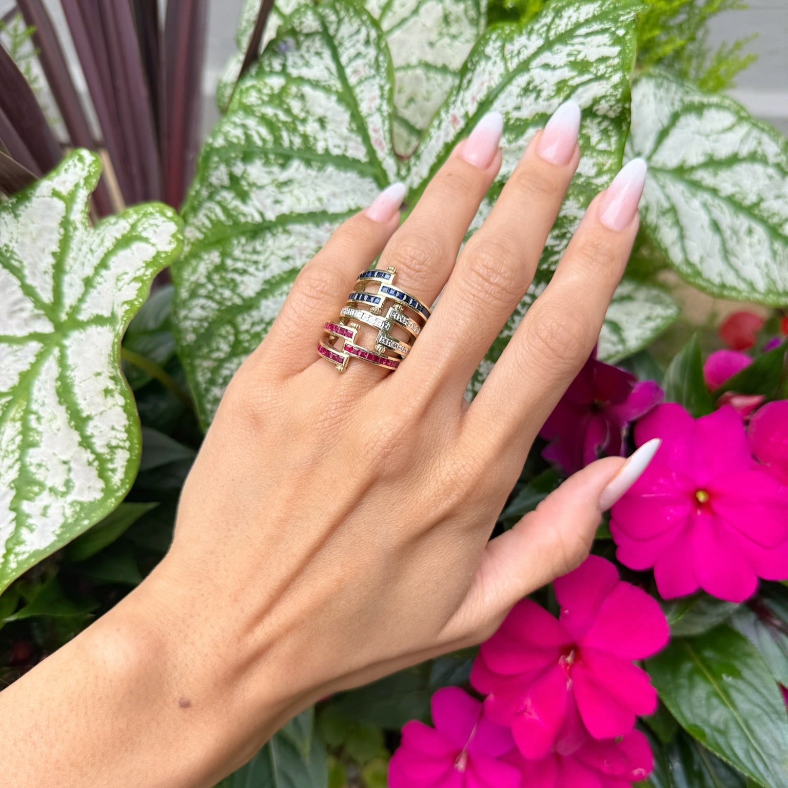 14k yellow gold carre cut ruby and diamond magna ring by Retrovai Tiny Gods