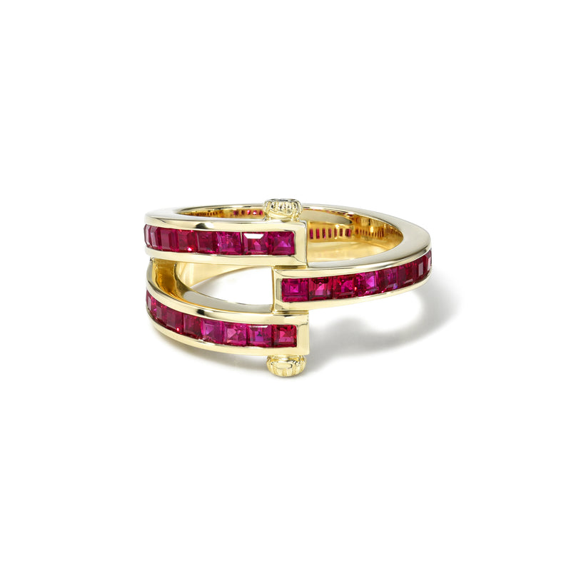 14k yellow gold carre cut ruby and diamond magna ring by Retrovai Tiny Gods