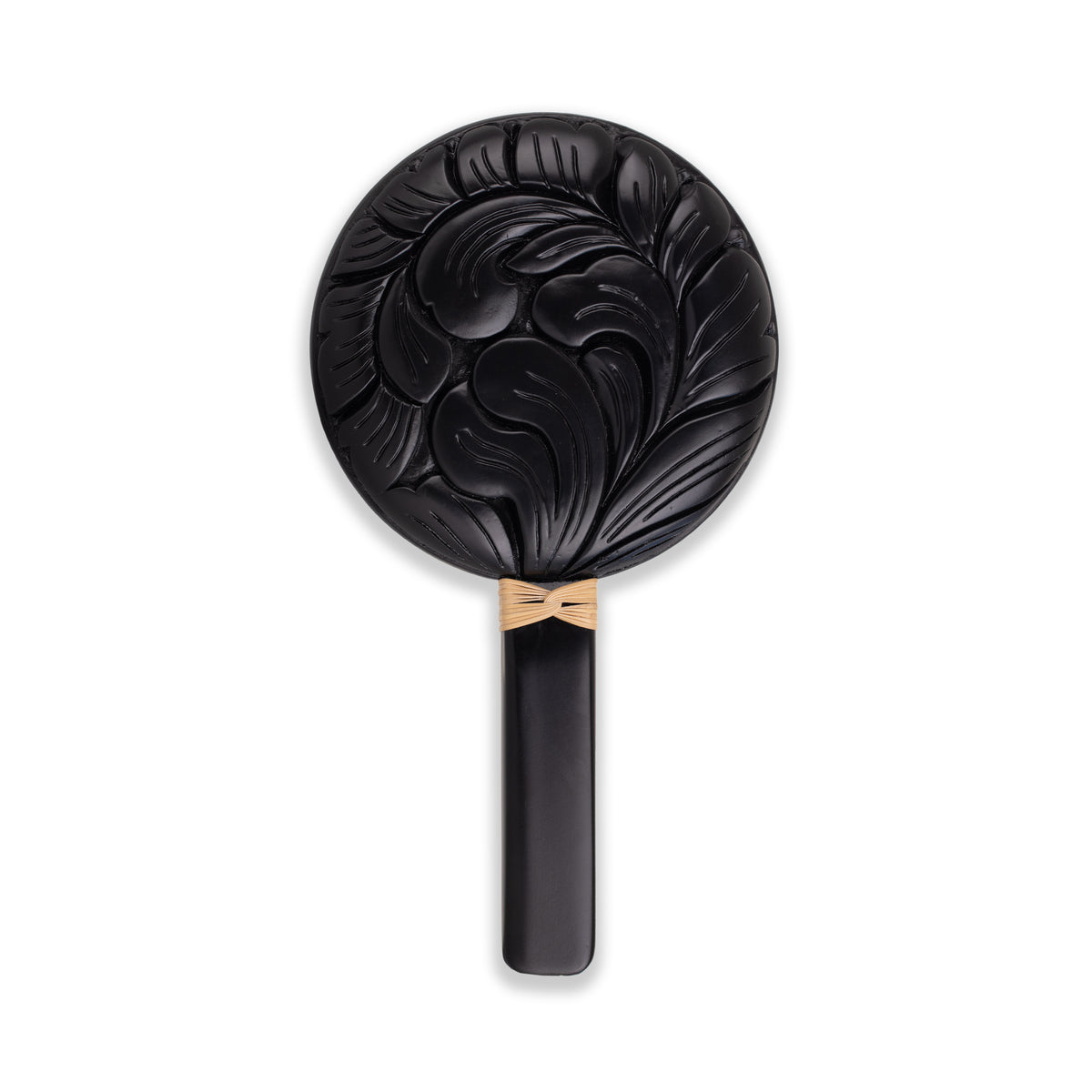 hand carved wood marquetry black lacquered leaf floral hand mirror by Silvia Furmanovich tiny Gods 