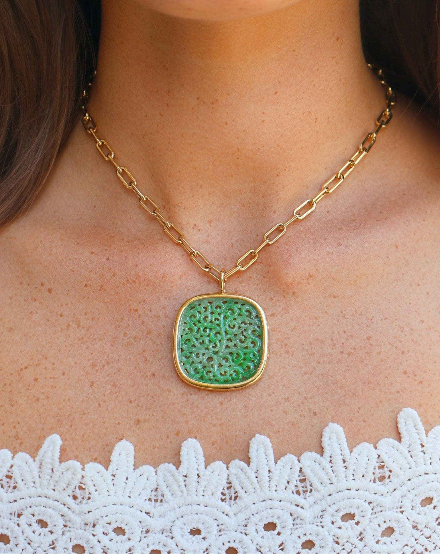 18k yellow carved jade cushion lace pattern pendant by Goshwara on paperclip chain necklace Tiny Gods 