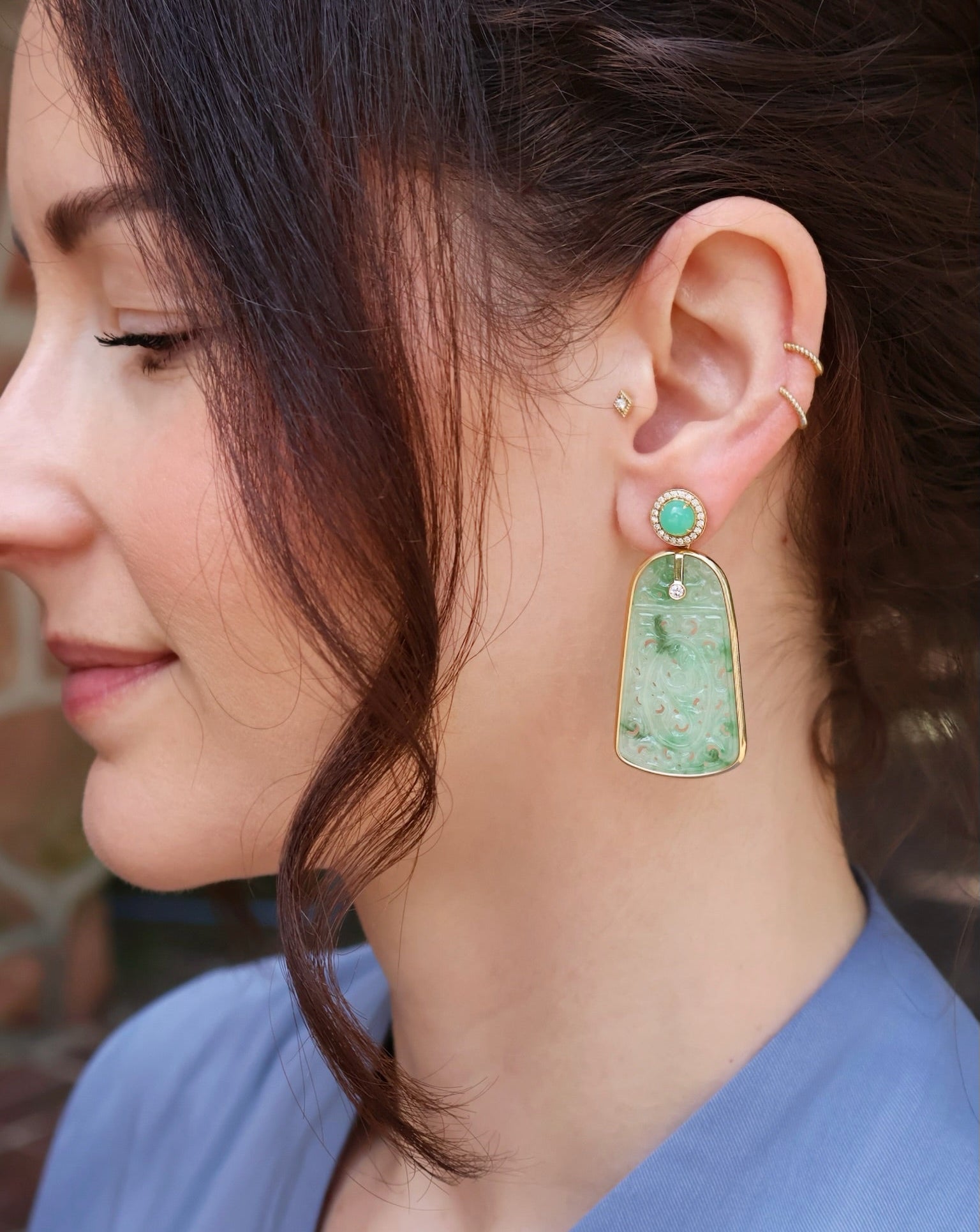 carved jade and Chrysoprase with diamonds in yellow gold earrings by goshwara tiny gods 