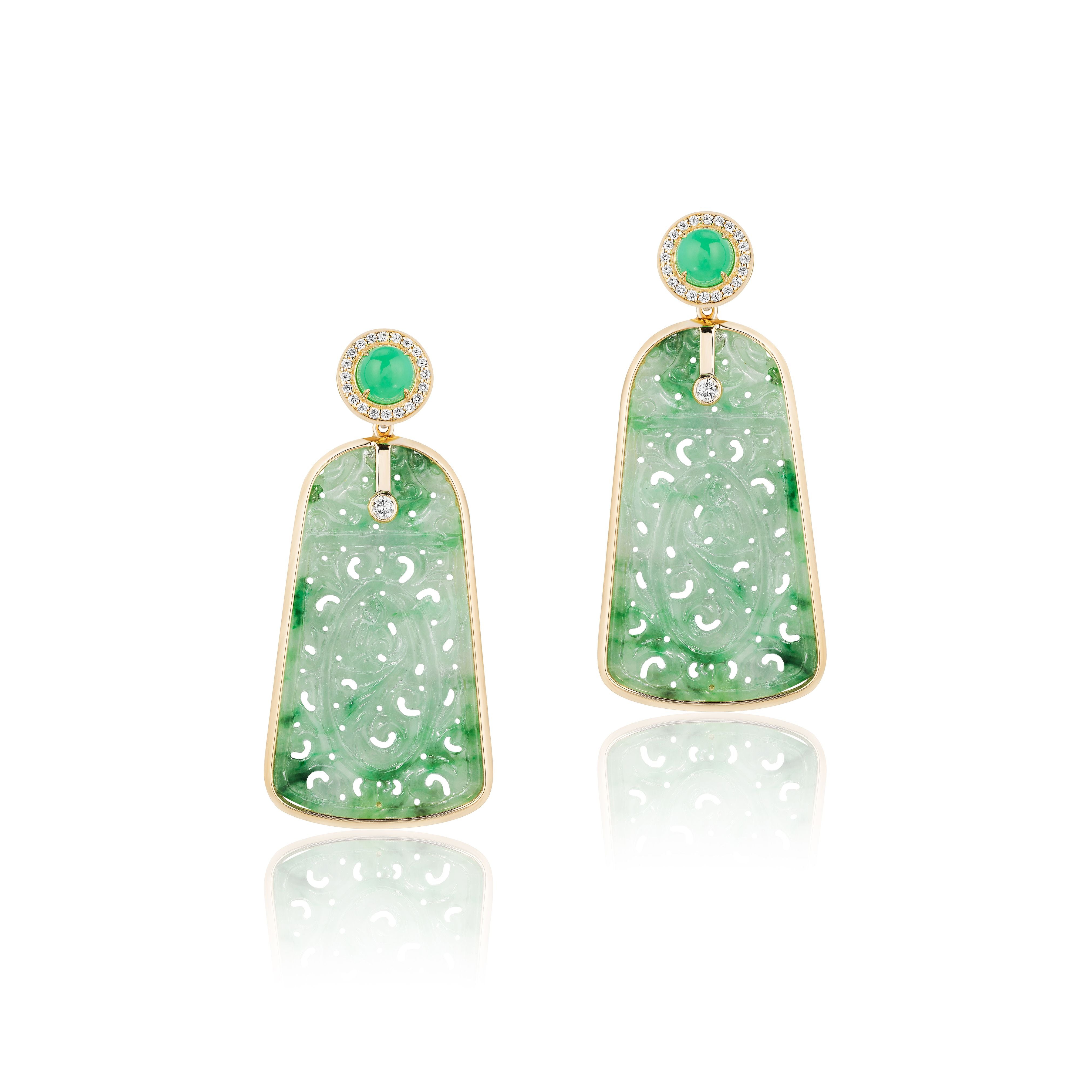 carved jade and Chrysoprase with diamonds in yellow gold earrings by goshwara tiny gods 