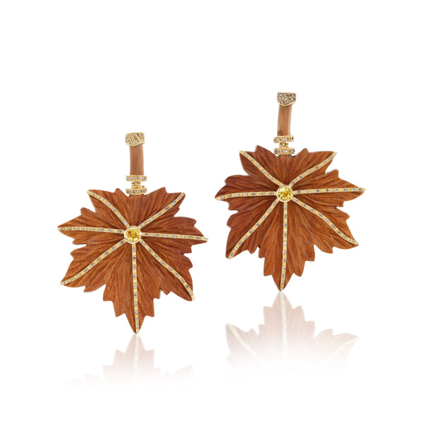 18k yellow gold carved wood maple leaf earrings with light brown diamonds and citrine by Silvia Furmanovich Tiny Gods