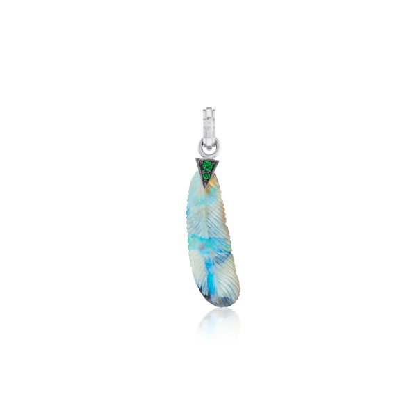 18k white gold carved opal feather pendant with tsavorites by Sylva & Cie Tiny Gods