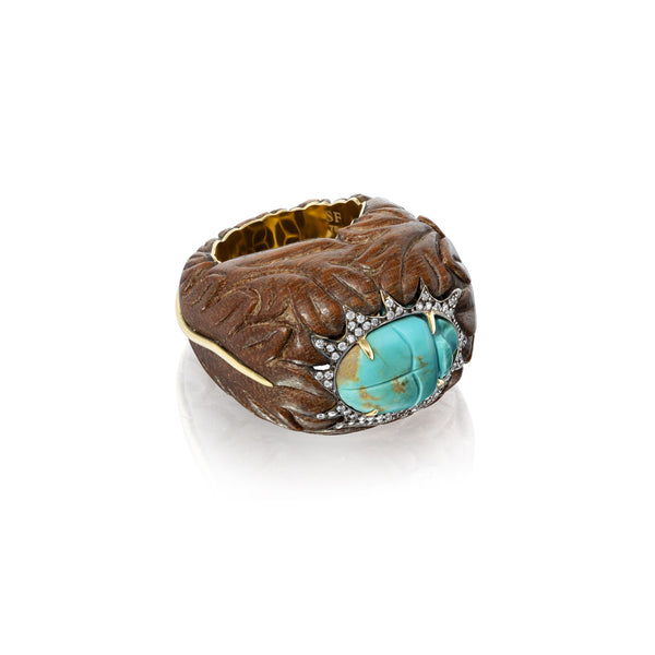 Turquoise Scarab Carved Wood Ring