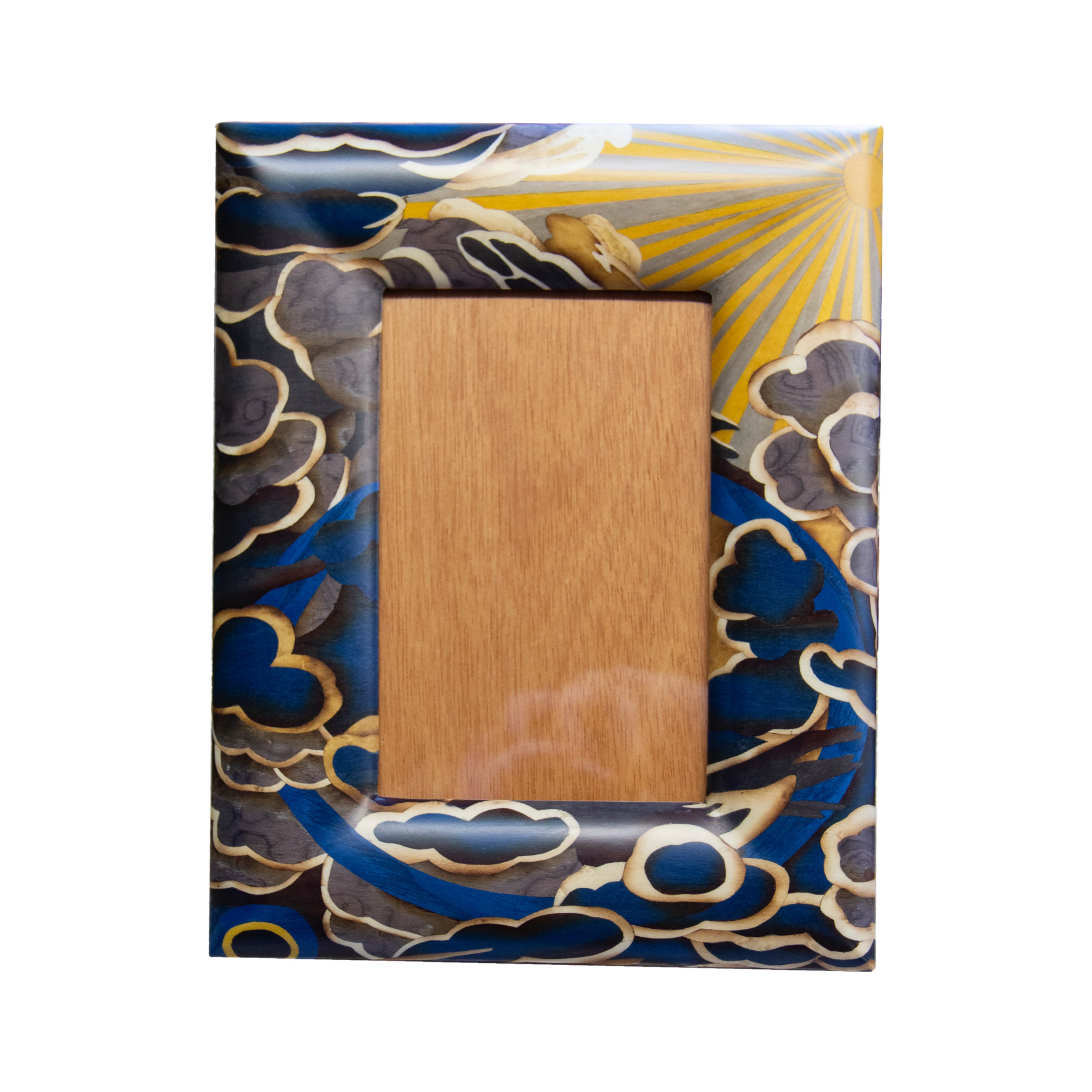 Blue and yellow cloud celestial sun pattern marquetry picture frame by Silvia Furmanovich Tiny Gods 