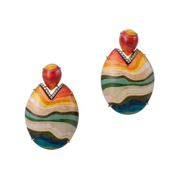wooden 18k yellow gold diamond  rainbow oval marquetry earrings silvia furmanovich tiny gods 