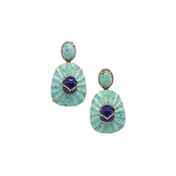 18k yellow gold chrysocolla lapis scarab diamond earrings carved by Silvia Furmanovich Tiny Gods