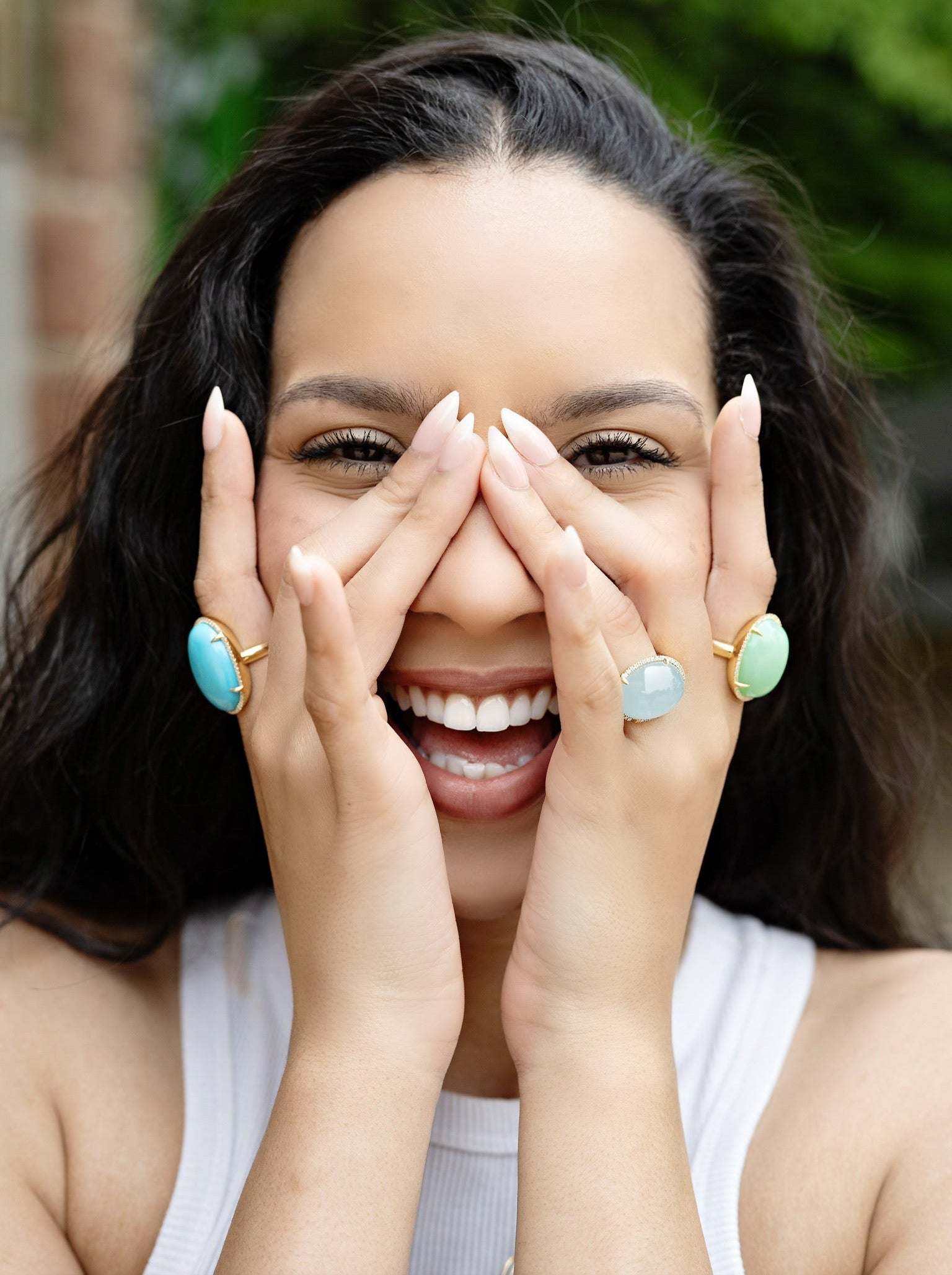 This one-of-a-kind ring features a 25 carat oval Chrysoprase that was hand-set into an 18k yellow gold and pave-set border of natural white diamonds. This statement ring is part of our TG Exclusives Collection. Irene Neuwirth statement ring