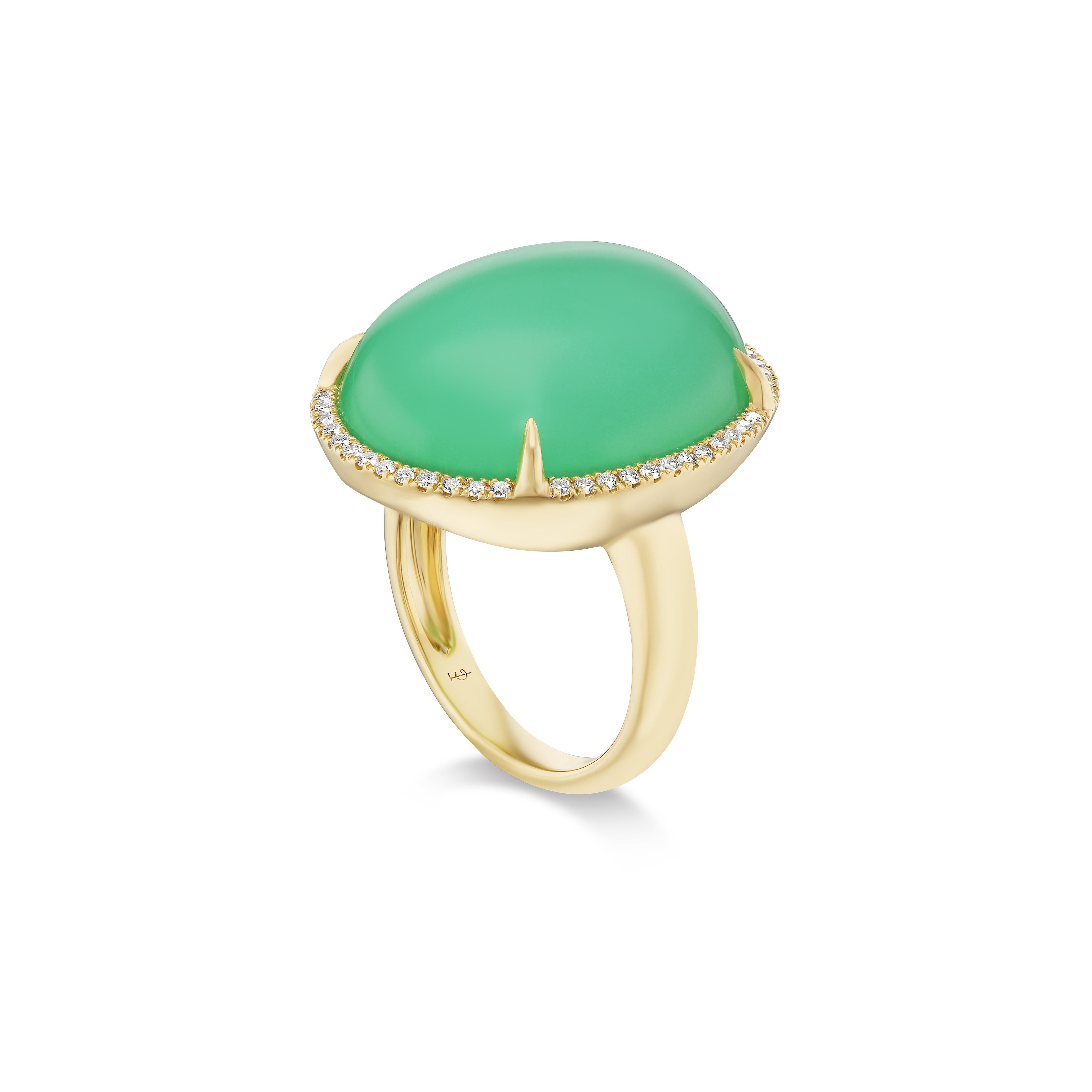 This one-of-a-kind ring features a 25 carat oval Chrysoprase that was hand-set into an 18k yellow gold and pave-set border of natural white diamonds. This statement ring is part of our TG Exclusives Collection. Irene Neuwirth statement ring