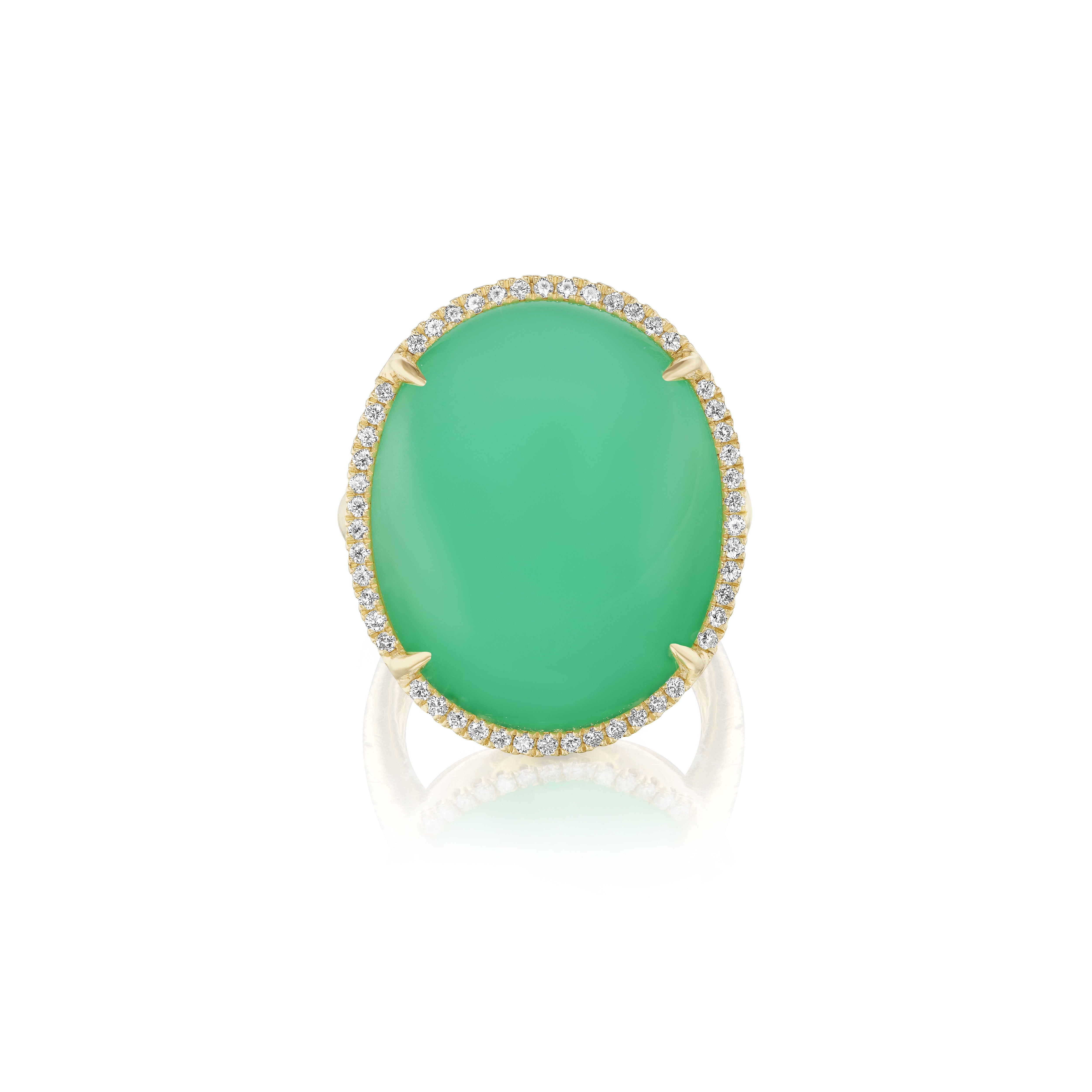 This one-of-a-kind ring features a 25 carat oval Chrysoprase that was hand-set into an 18k yellow gold and pave-set border of natural white diamonds. This statement ring is part of our TG Exclusives Collection. Irene Neuwirth statement ring