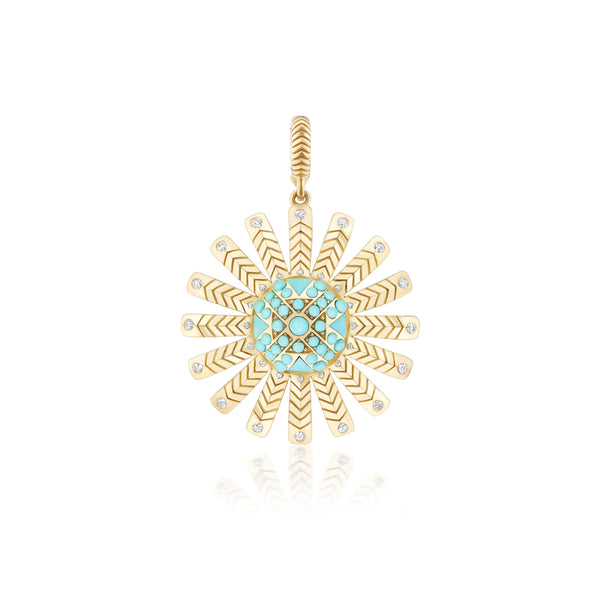 18k yellow gold chubby sunflower pendant with diamonds and turquoise by Harwell Godfrey Tiny Gods