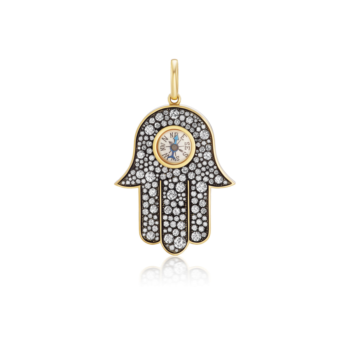 18k yellow gold Diamond Hamsa with Antique Compass Pendant with black rhodium Charm
