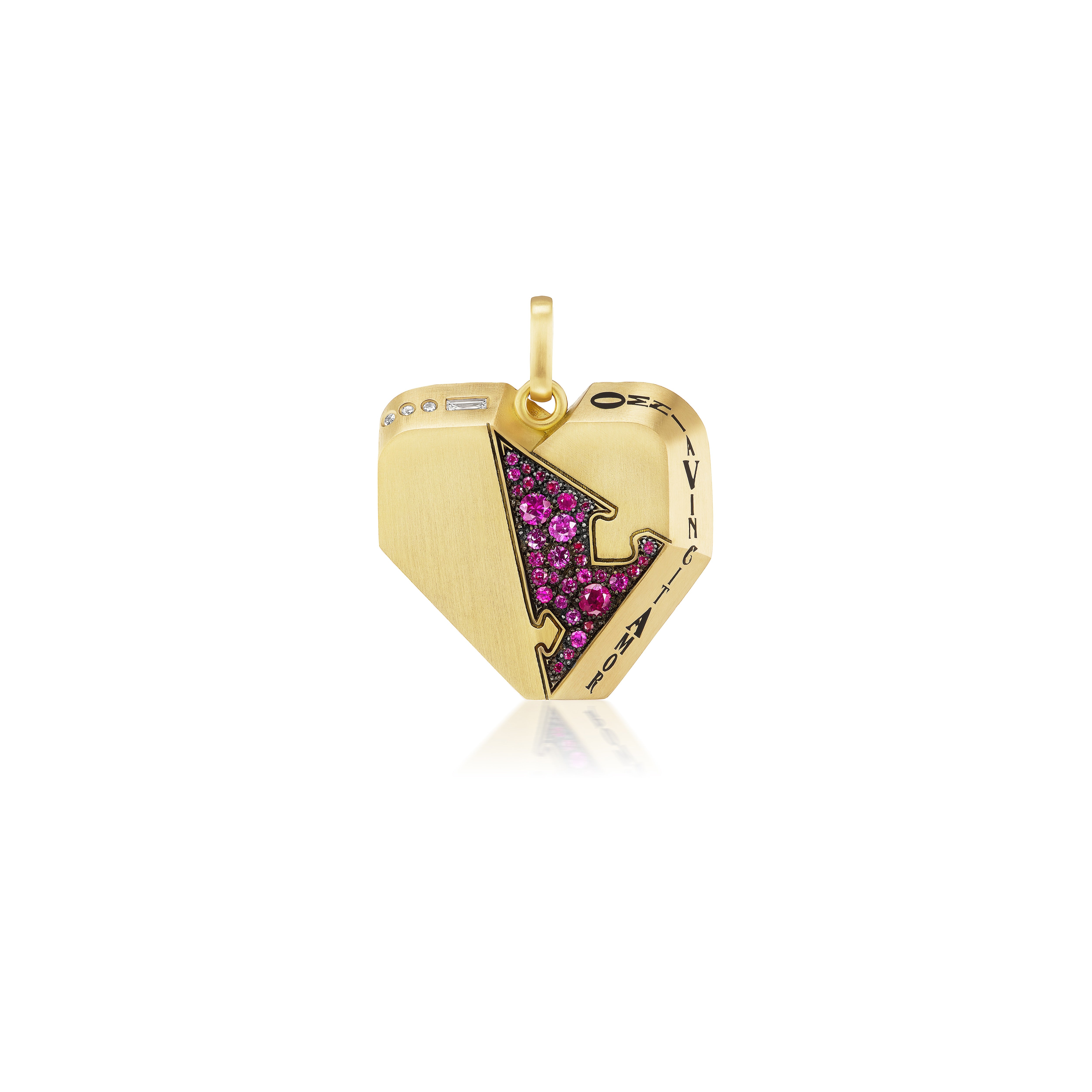 18k yellow gold ruby puzzle piece heart pendant with omnia vincit amor love conquers all, love and victory charm, puzzle talisman collection by Circa 1700 Tiny Gods 