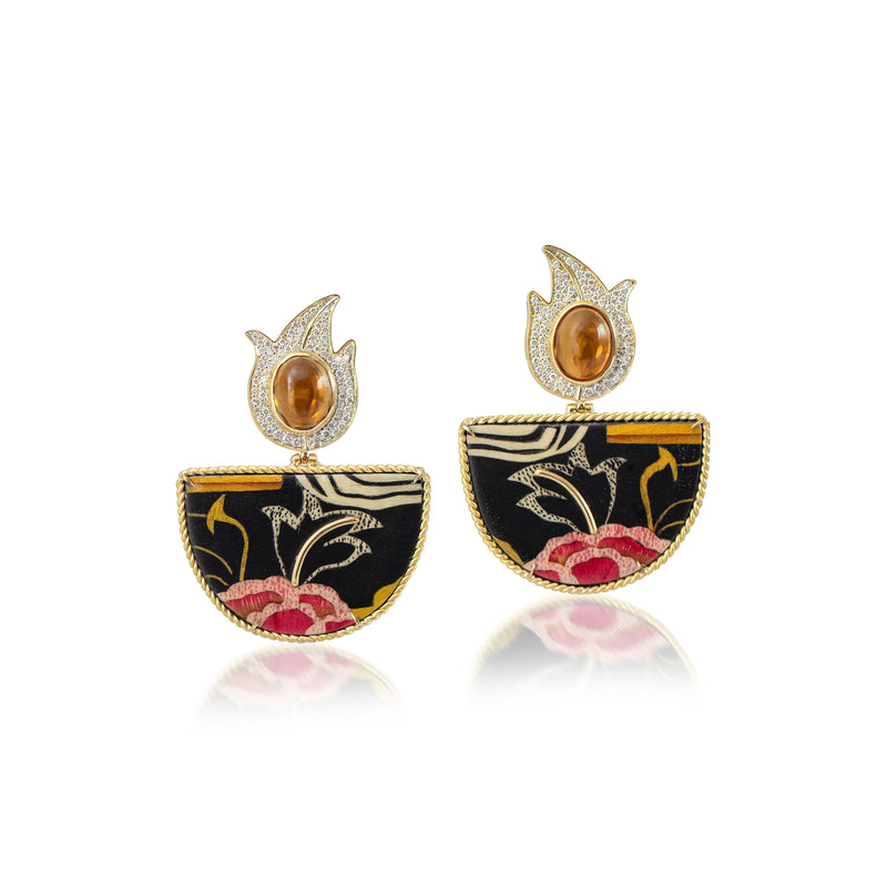 18k yellow gold diamond and citrine Tibetan rose print wood marquetry half moon earrings by Silvia Furmanovich Tiny gods