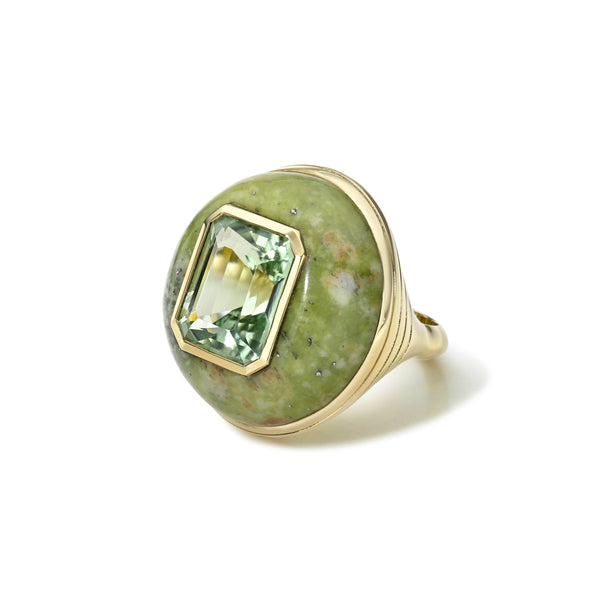 14k yellow gold hand carved green opal lollipop ring with emerald cut green tourmaline by Retrouvai Tiny Gods