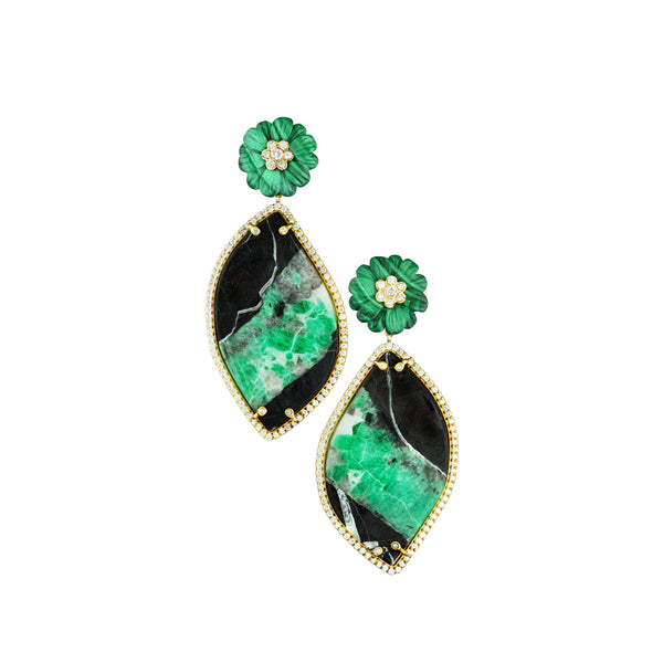 18k yellow gold colombian emerald earrings with carved malachite flowers and diamonds by Gutia M Tiny Gods