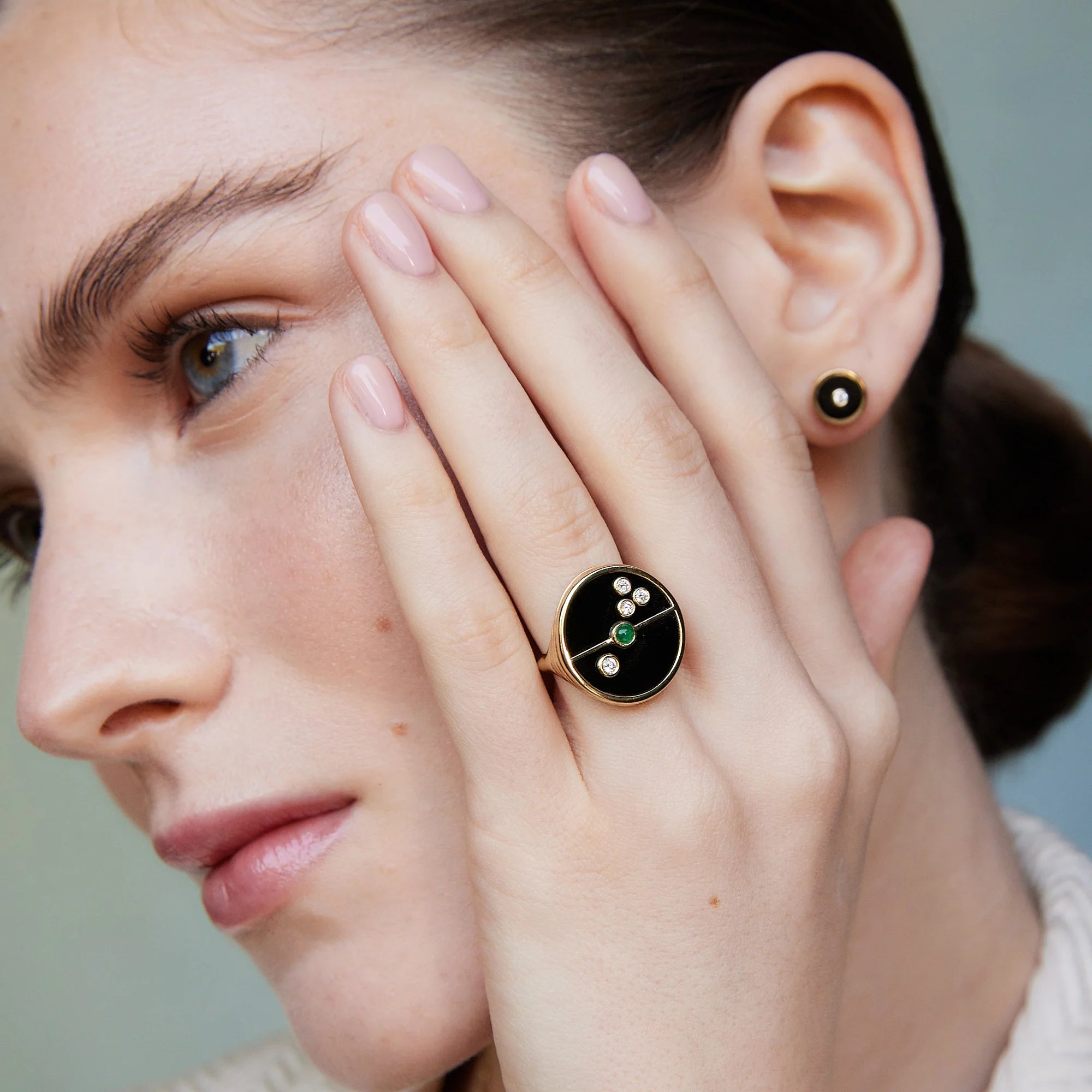 compass signet ring with onyx emeralds and diamonds retrouvia tiny gods